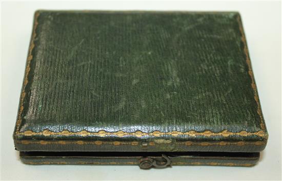 A late 19th century Italian micro-mosaic plaque, 2 x 2.75in., fitted leather case